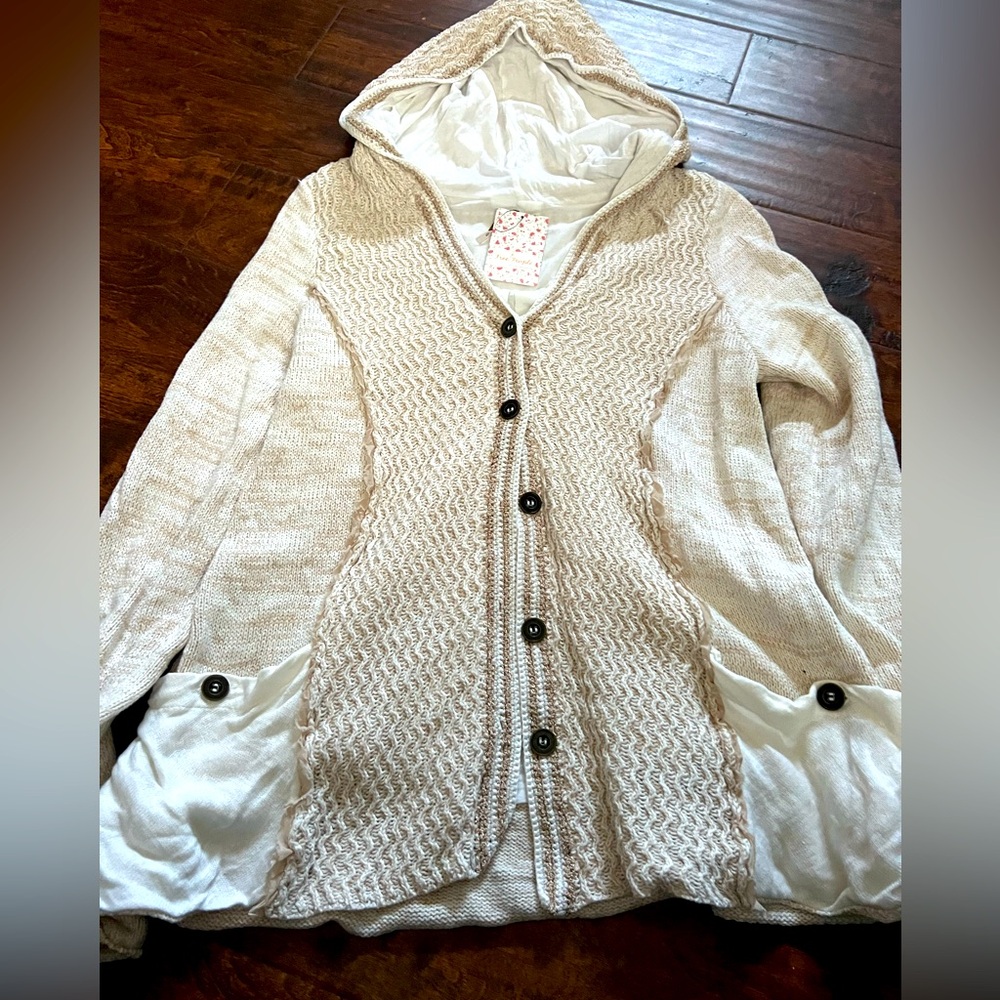 NWT Free People Double Lined Crochet Hooded Cardigan Sweater - Large